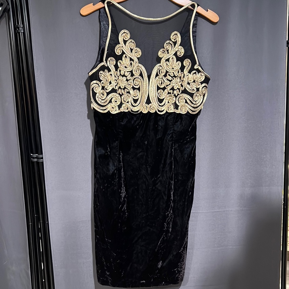Handmade vintage black velvet mini dress with sheer neck & gold embroidery
